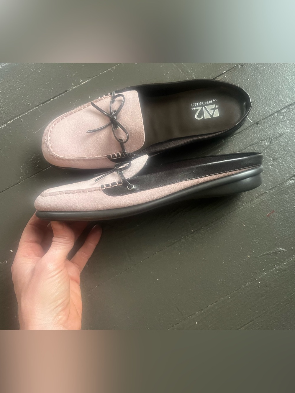 Pink Suede Loafers with Brown Trim and Bow - Picture 5 of 7